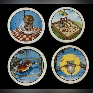 Gary Patterson Clay Designs Cat Coasters Set 4 Humor Whimsical Comical Kittens
